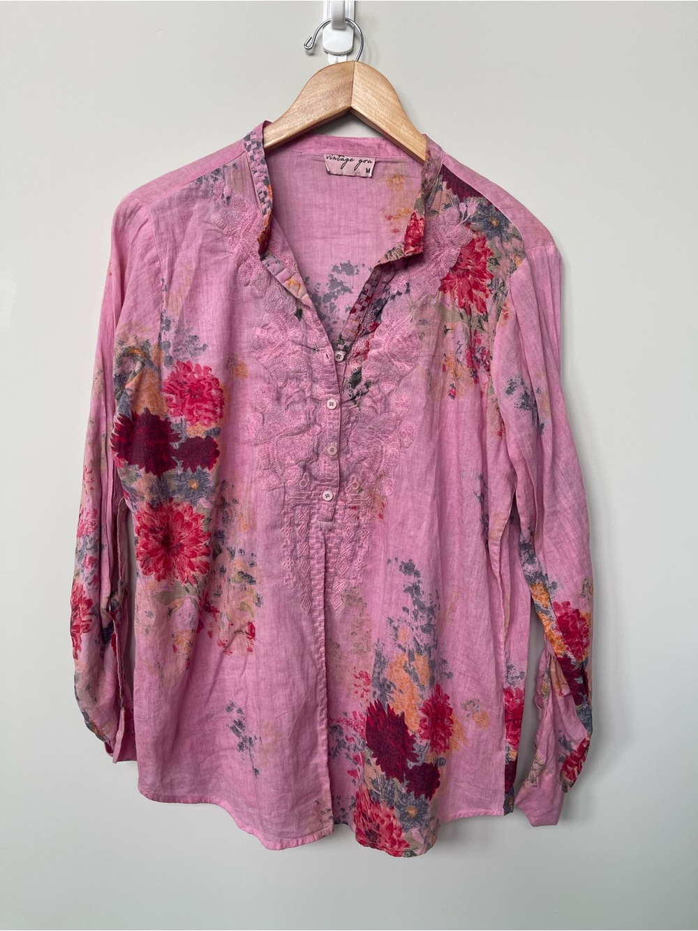 Vintage Goa | Pink Floral Printed Embroidered Button Front Popover Blouse Cotton